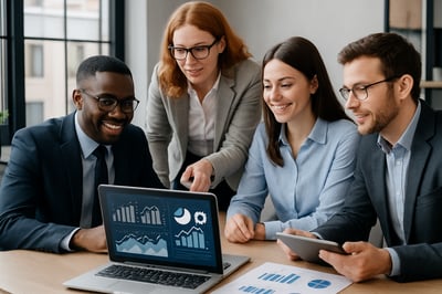 Team of professionals collaborating on business technology solutions